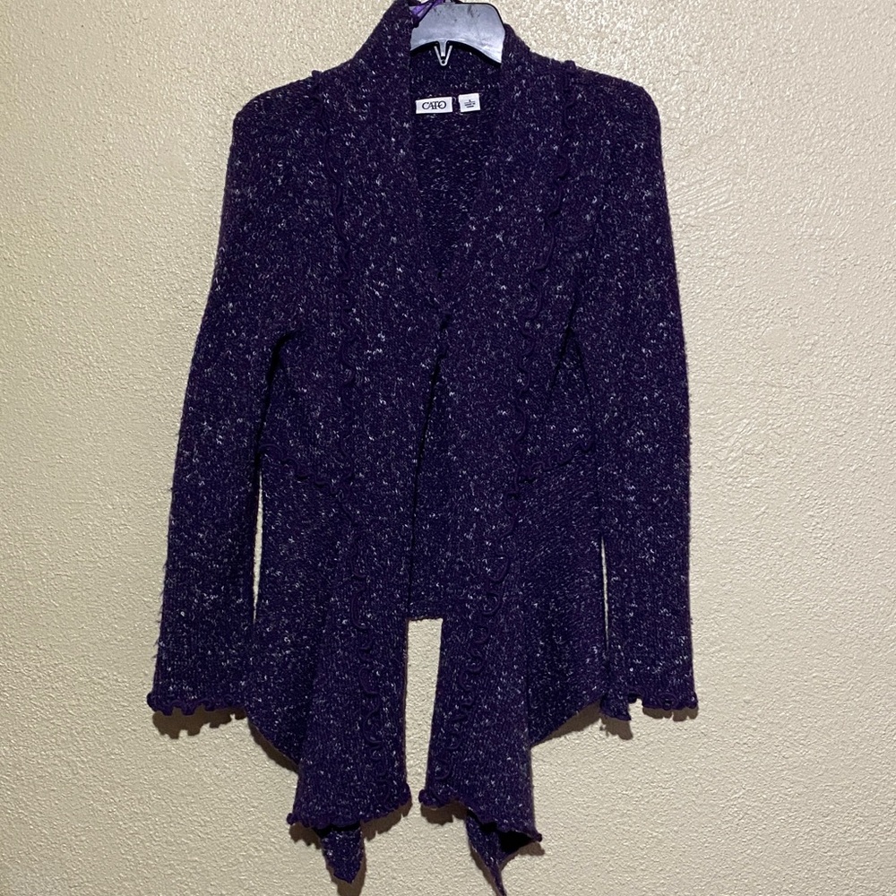CATO's Sweater Open Cardigan S Purple Stretchy Long Sleeve Draped Lettuce Hem